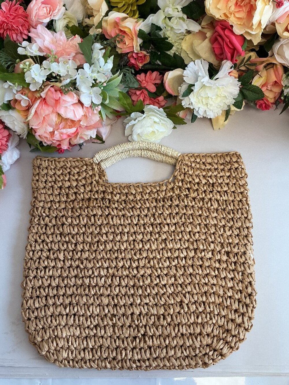 Mark & Graham Woven Straw Tote Natural Tan Ivory Wrapped Handles Coastal Resort